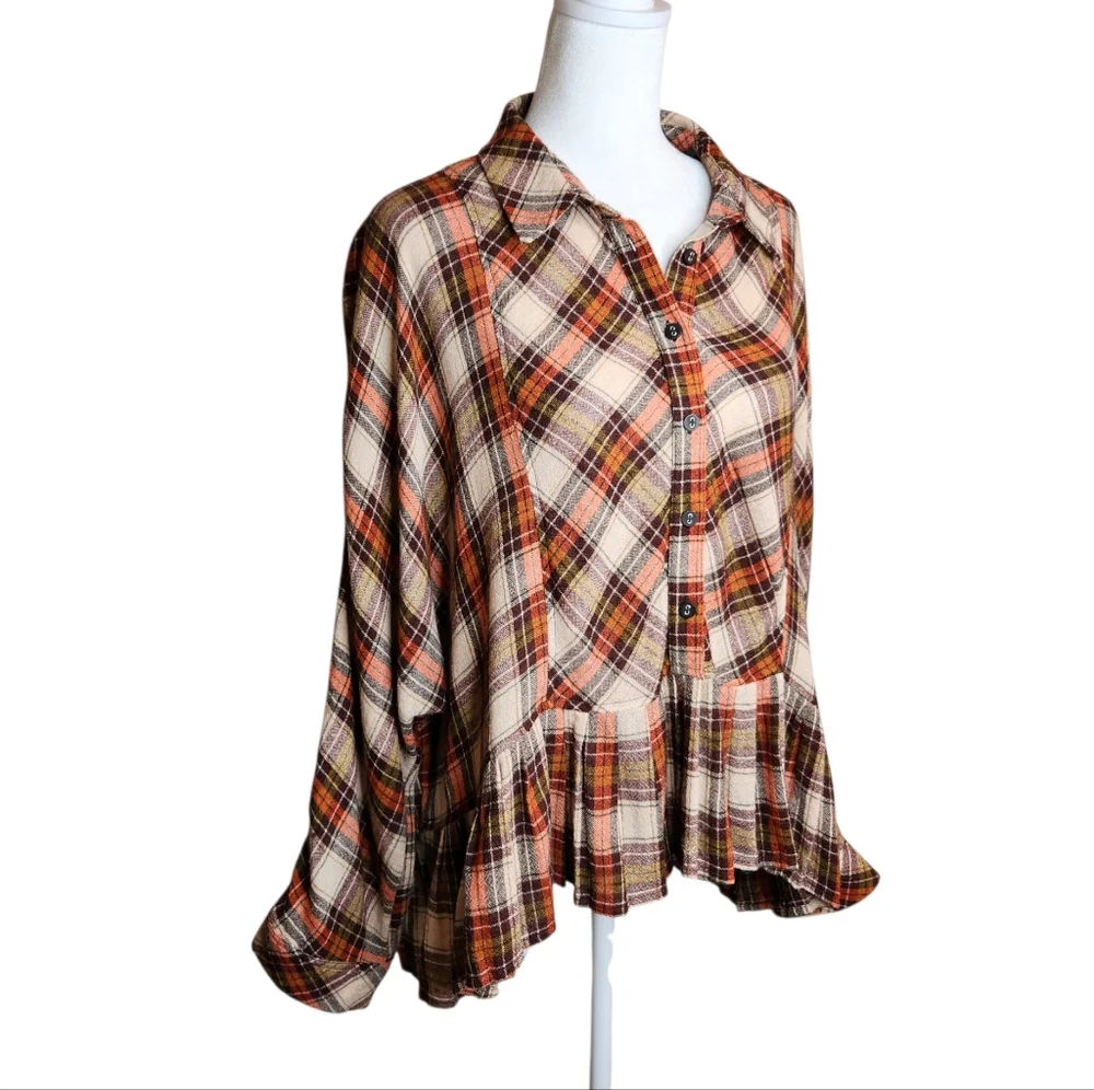 Free People Promise Everything Plaid Wool Blend Cropped Ruffle Top Size Medium